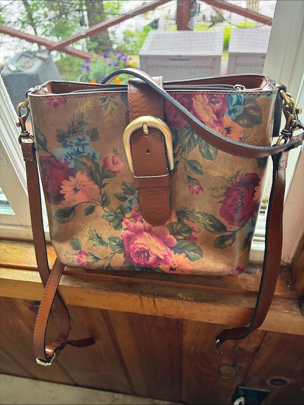 Patricia Nash Floral Buckle Crossbody in Brown and Pink